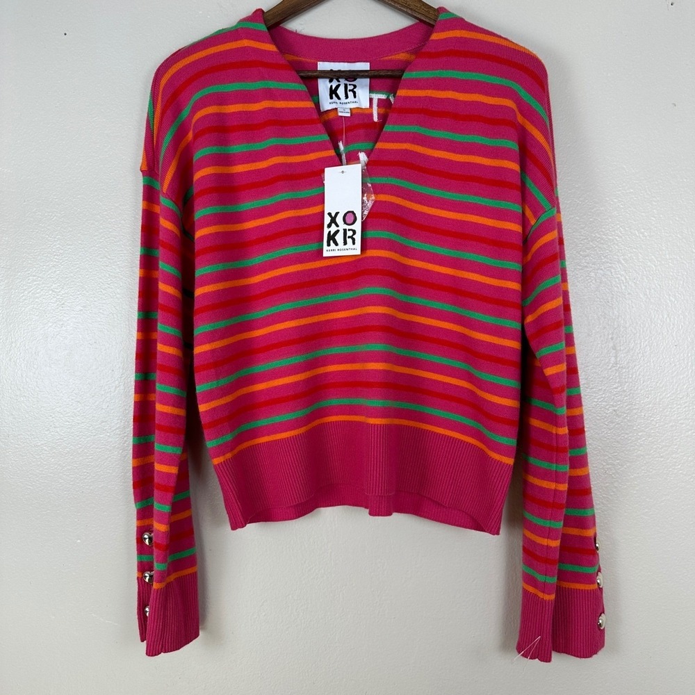 XO KR Kerri Rosenthal Women's S Sweater Pink Multi Striped Embroidered Back NEW